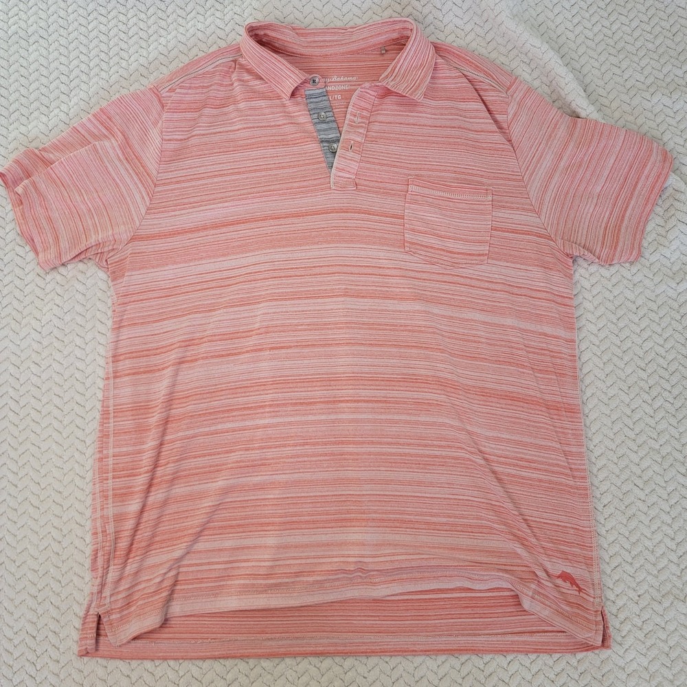Tommy Bahama Island Zone Polo Shirt Mens XL Peach - White Striped Cotton